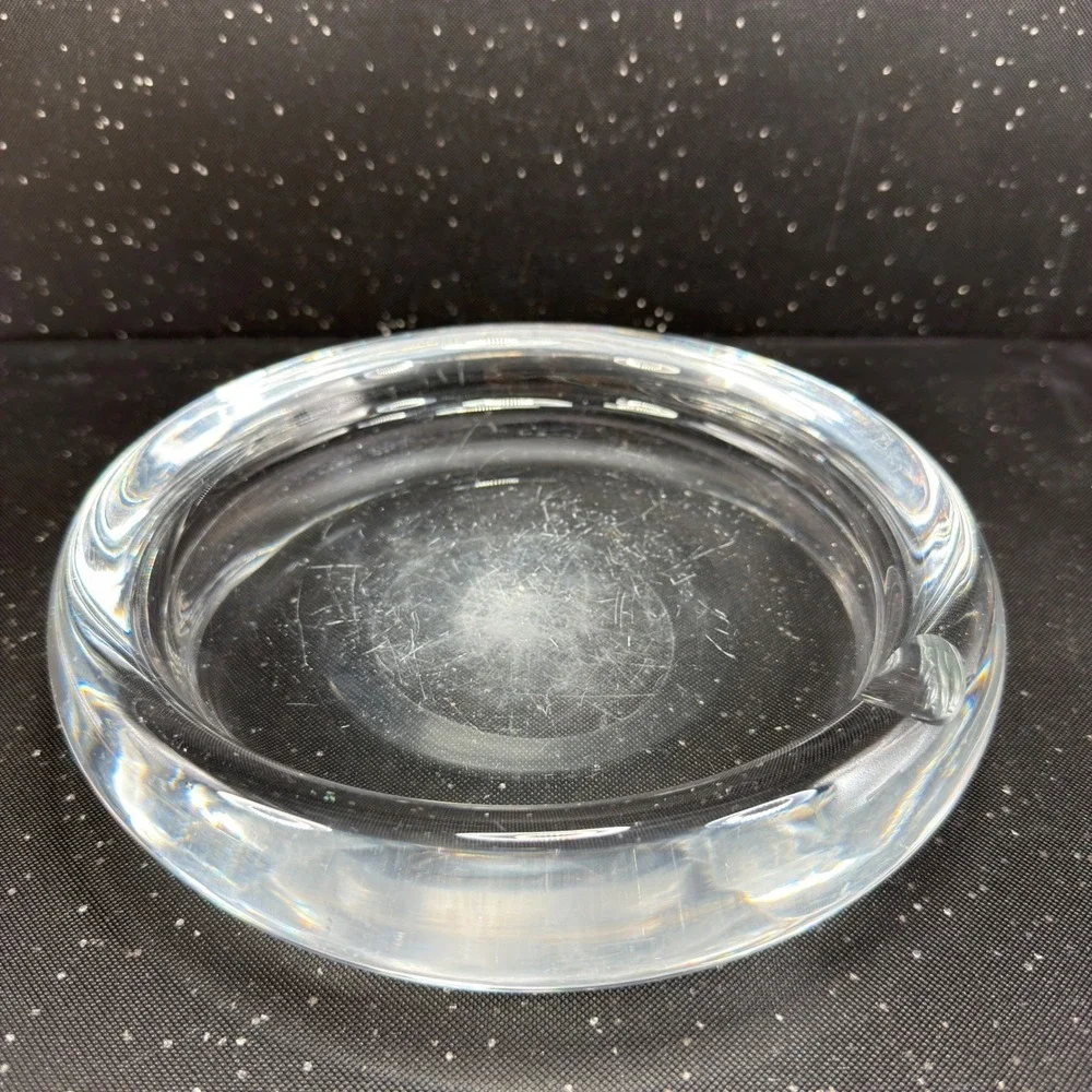 Vintage 1960s Sweden Art Glass Ashtray 8 Inch Heavy Clear Crystal MCM Round
